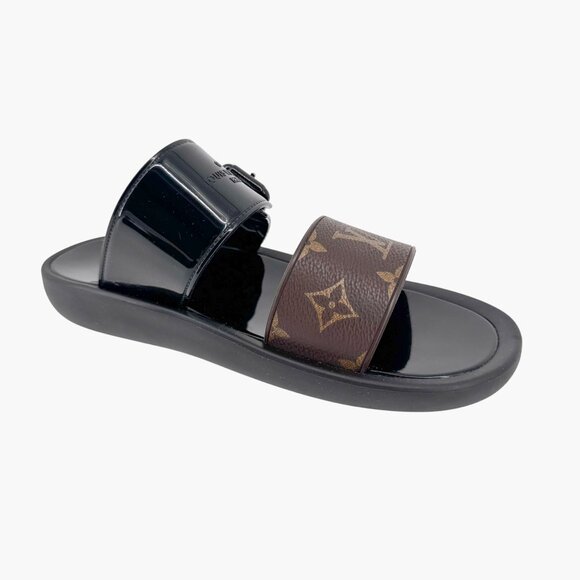 Louis Vuitton Sunbath Mule Slide Sandals Black Rubber Size 38 US 8 Women LV Logo - Picture 12 of 15